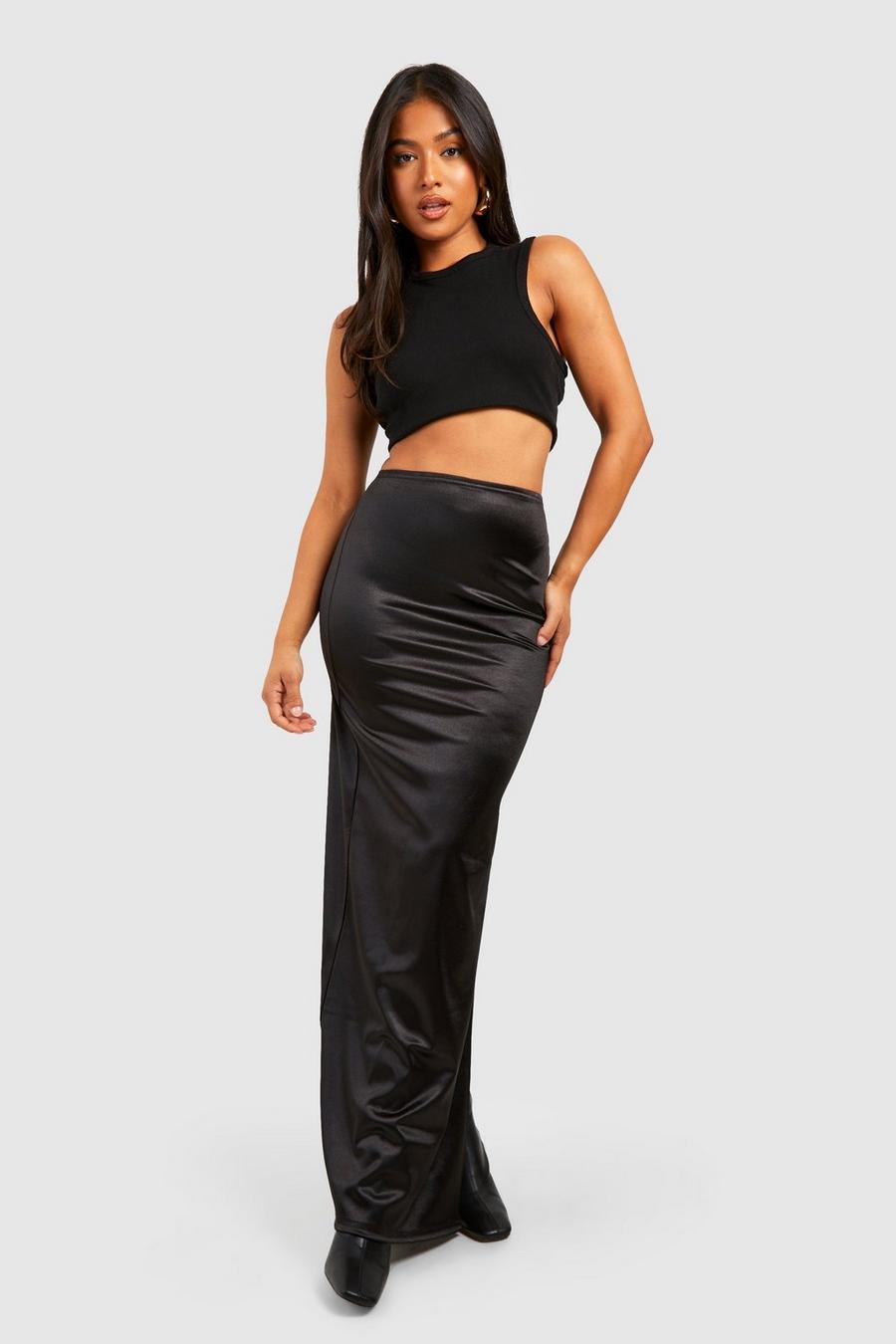 Gonna maxi Petite in raso Stretch con spacco laterale, Black image number 1