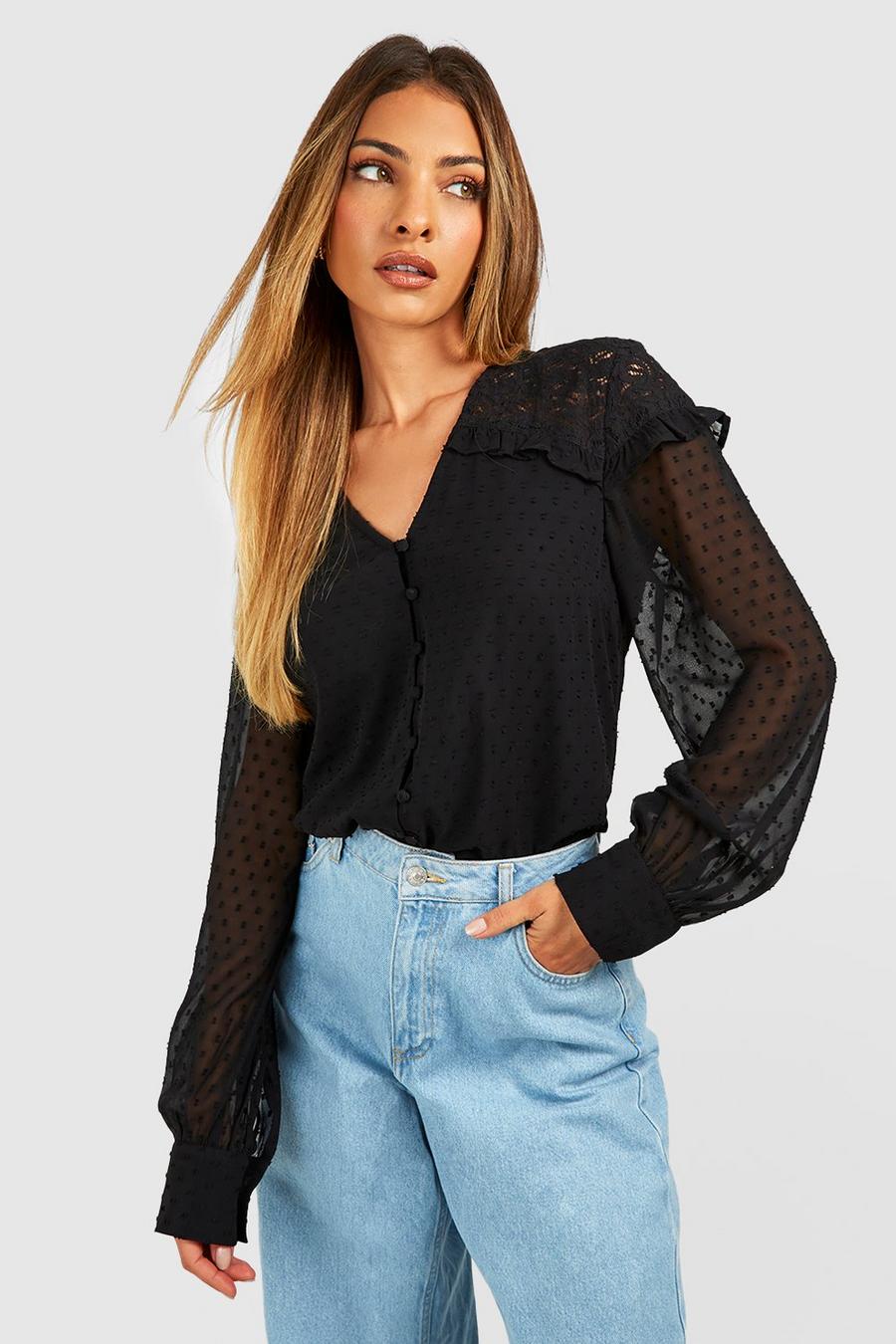 Black Dobby Lace Detail Blouse  image number 1
