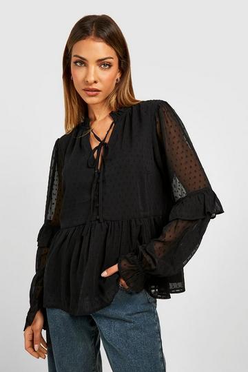 Dobby Tie Neck Blouse black