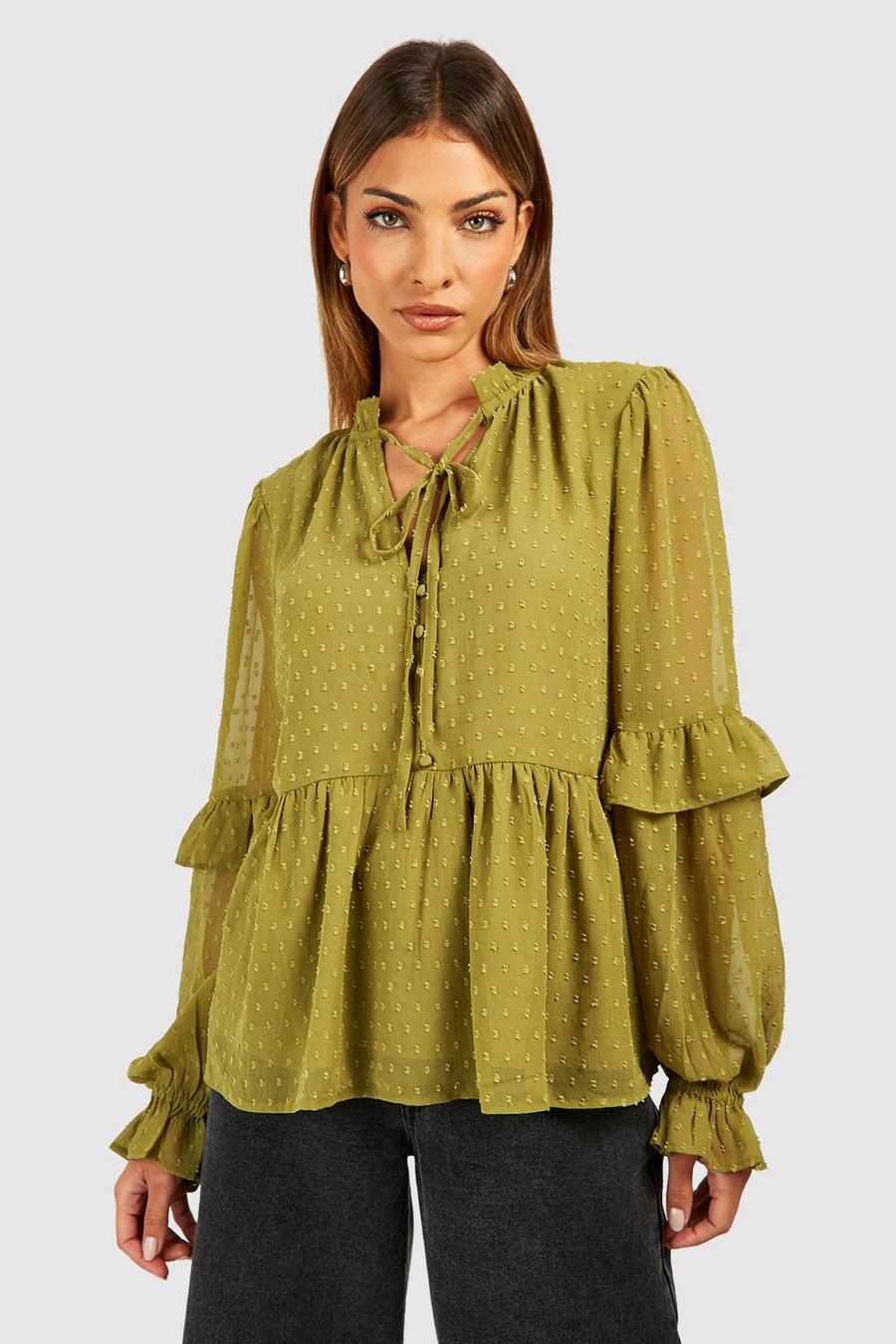 Olive Dobby Tie Neck Blouse  image number 1