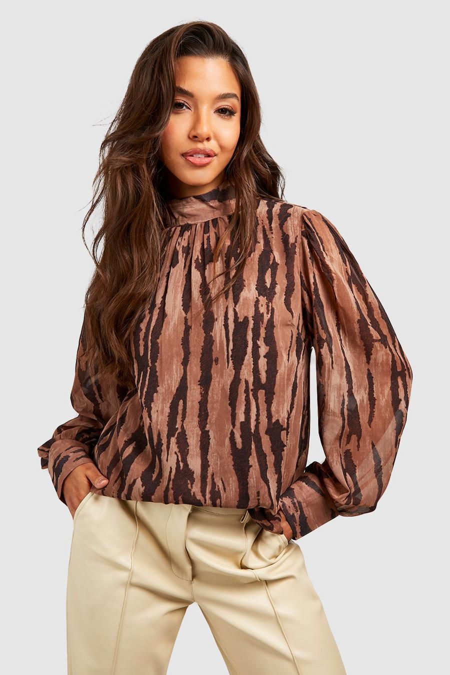 Beige Animal Printed Woven High Neck Blouse 