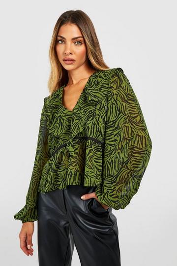 Zebra Woven Printed Ruffle Balloon Sleeve Blouse green