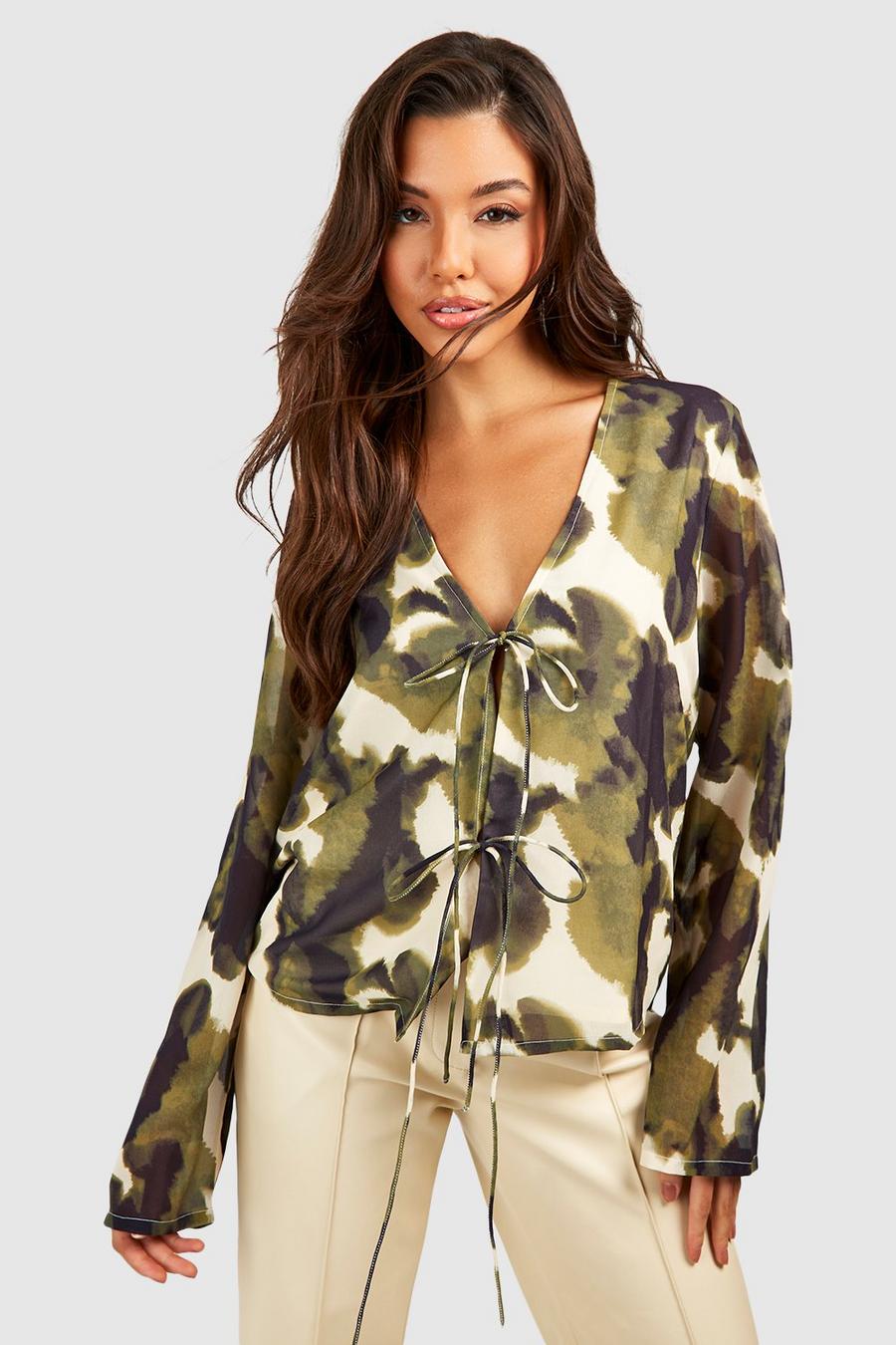 Green Abstract Tie Front Blouse  image number 1