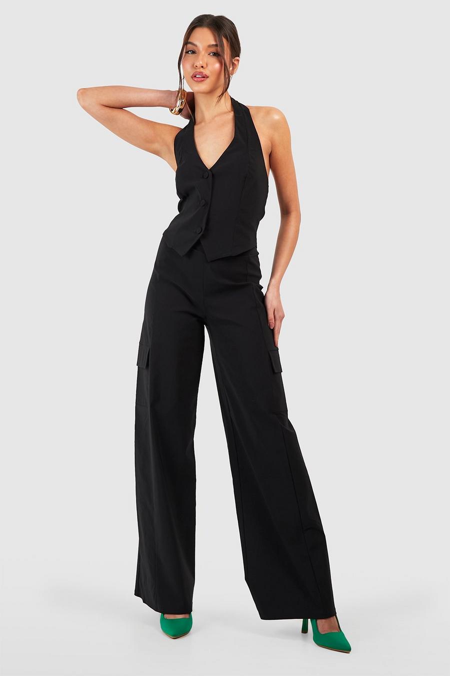 Black Super Stretch Halter Waistcoat & Cargo Trousers image number 1