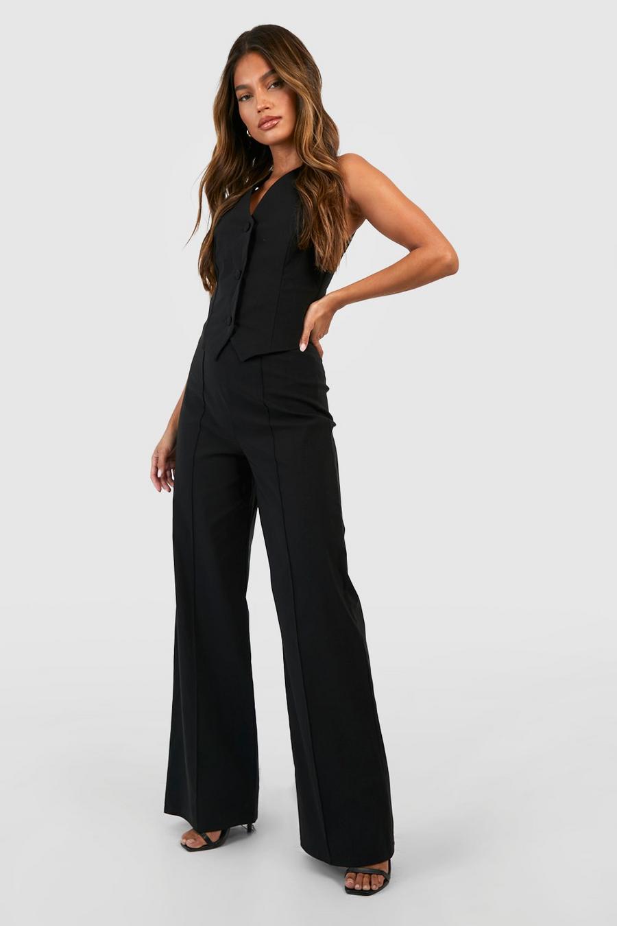 Black Super Stretch Waistcoat & Seam Front Straight Leg Trousers image number 1