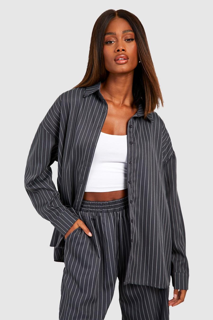 Grey Pinstripe Pocket Detail Relaxed Fit Shirt image number 1