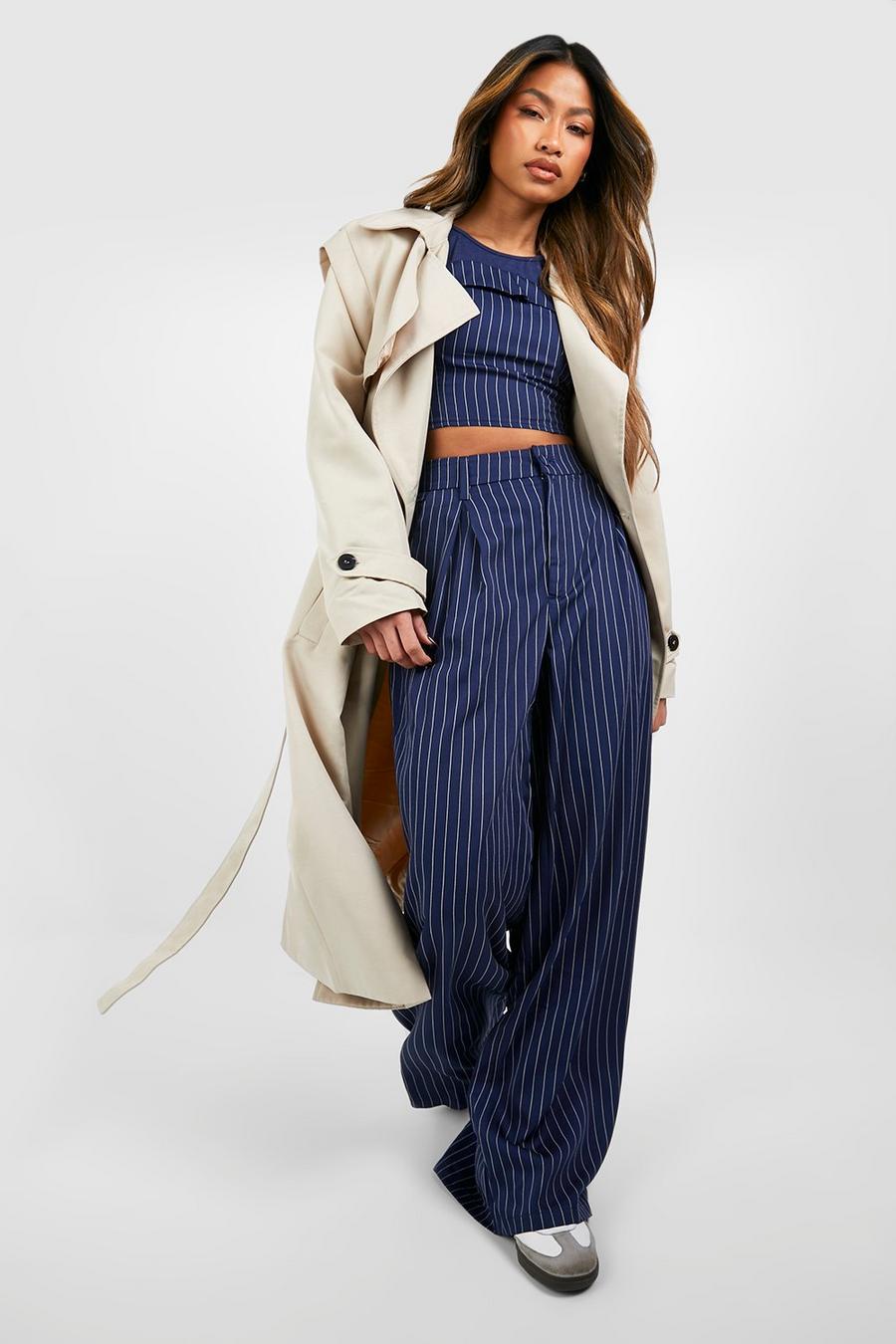 Navy Pleat Front Pinstripe Wide Leg Pants image number 1