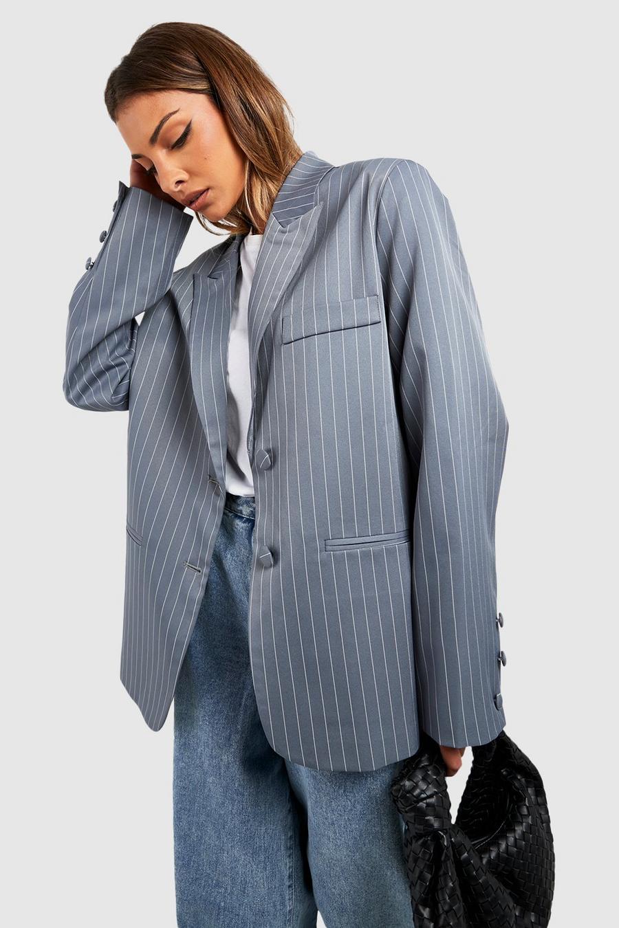 Grey Single Breasted Pinstripe Relaxed Fit Tailored Blazer image number 1