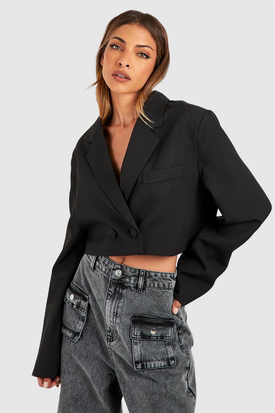 Black Double Breasted Boxy Crop Blazer image number 1