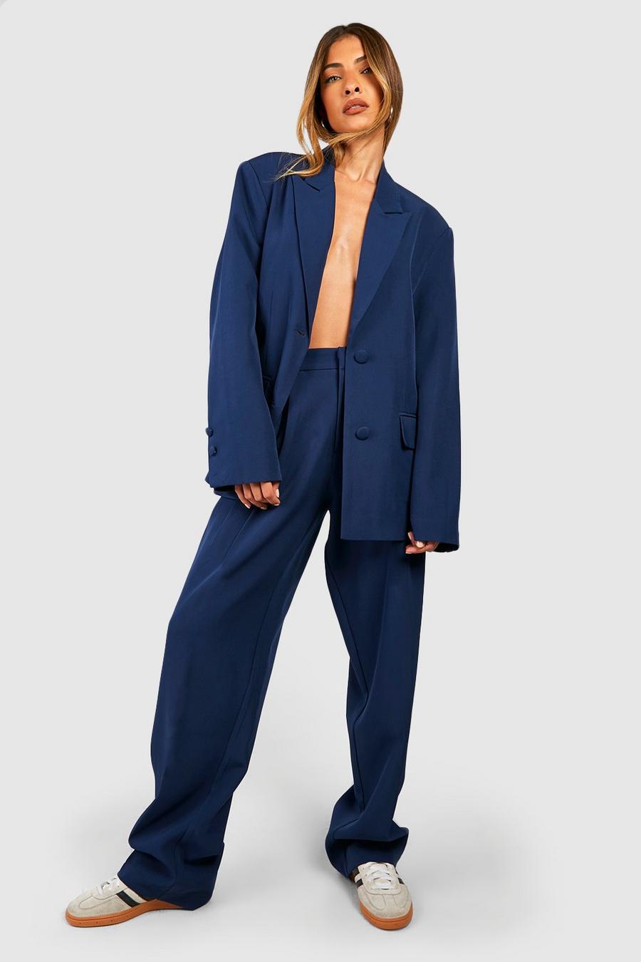 Navy Pleat Front Straight Leg Tailored Trousers 