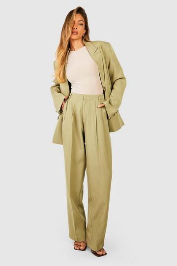 Olive Green Pleat Front Straight Leg Tailored Trousers