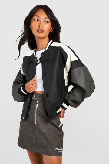 Moto Faux Leather Contrast Detail Bomber Jacket black