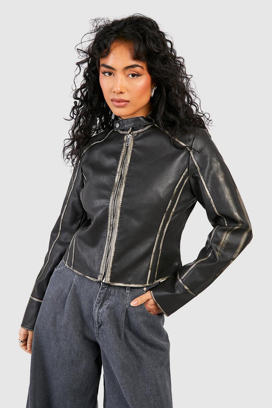Black Vintage Look Moto Faux Leather  Jacket 