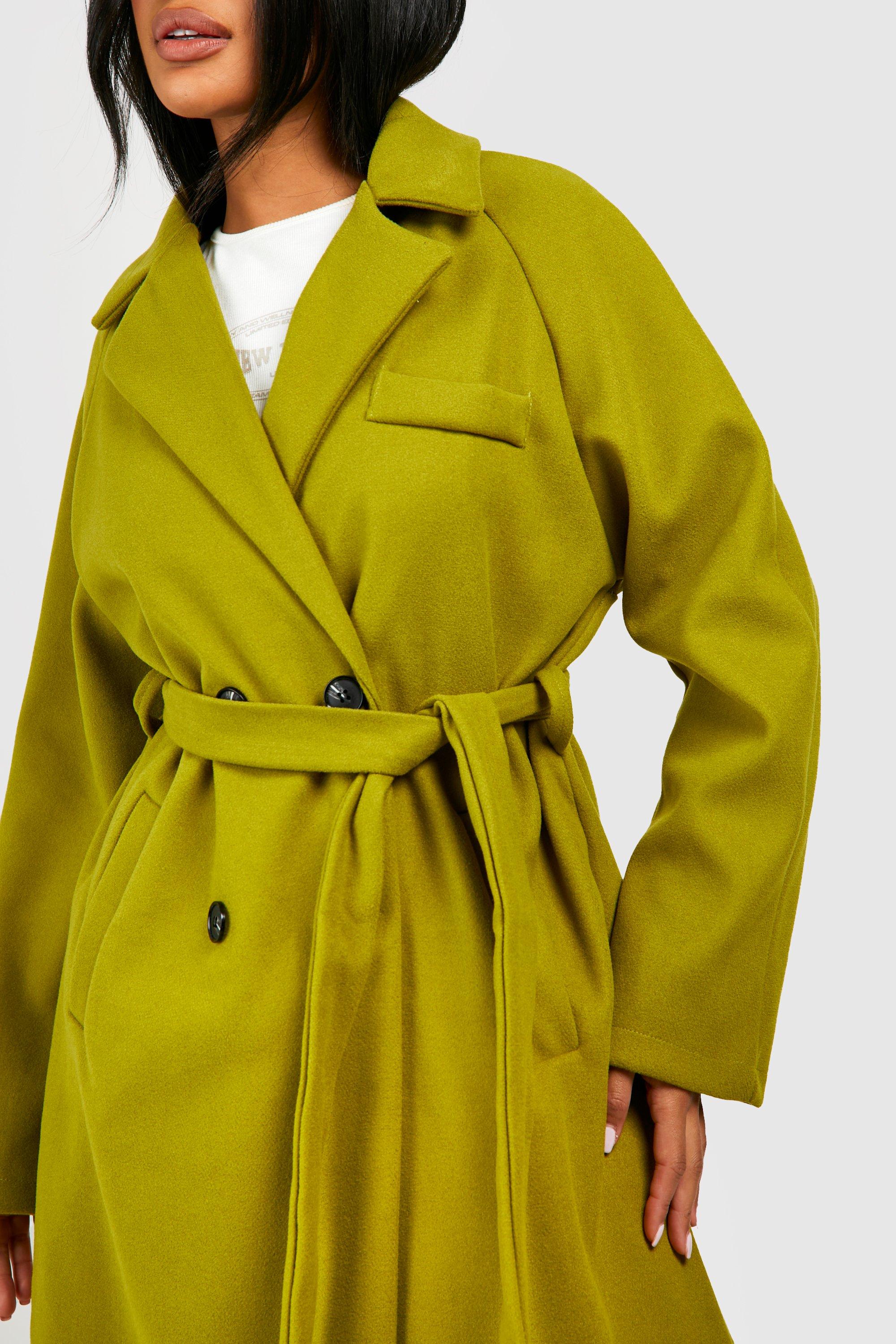 Short Olive Belted Wrap Wool Coat