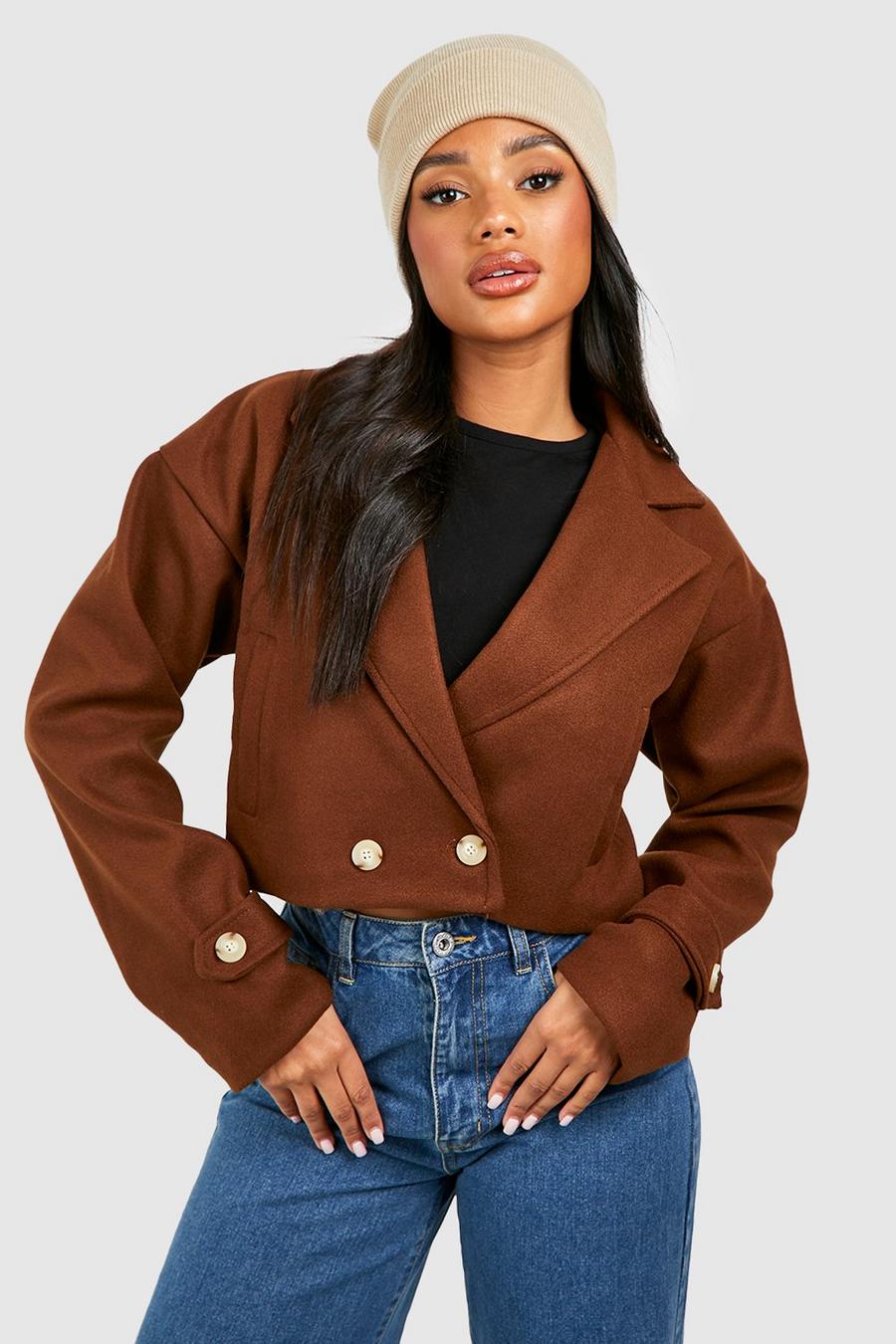 Chocolate brown Wool Look Crop Trench Jacket