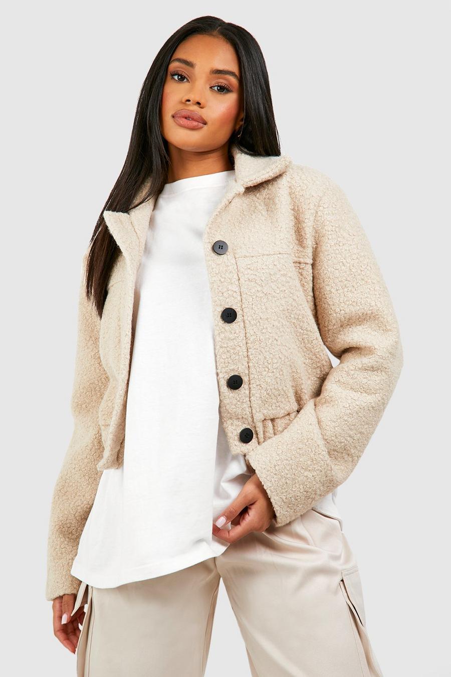 Stone beige Textured Wool Look Button Crop Jacket