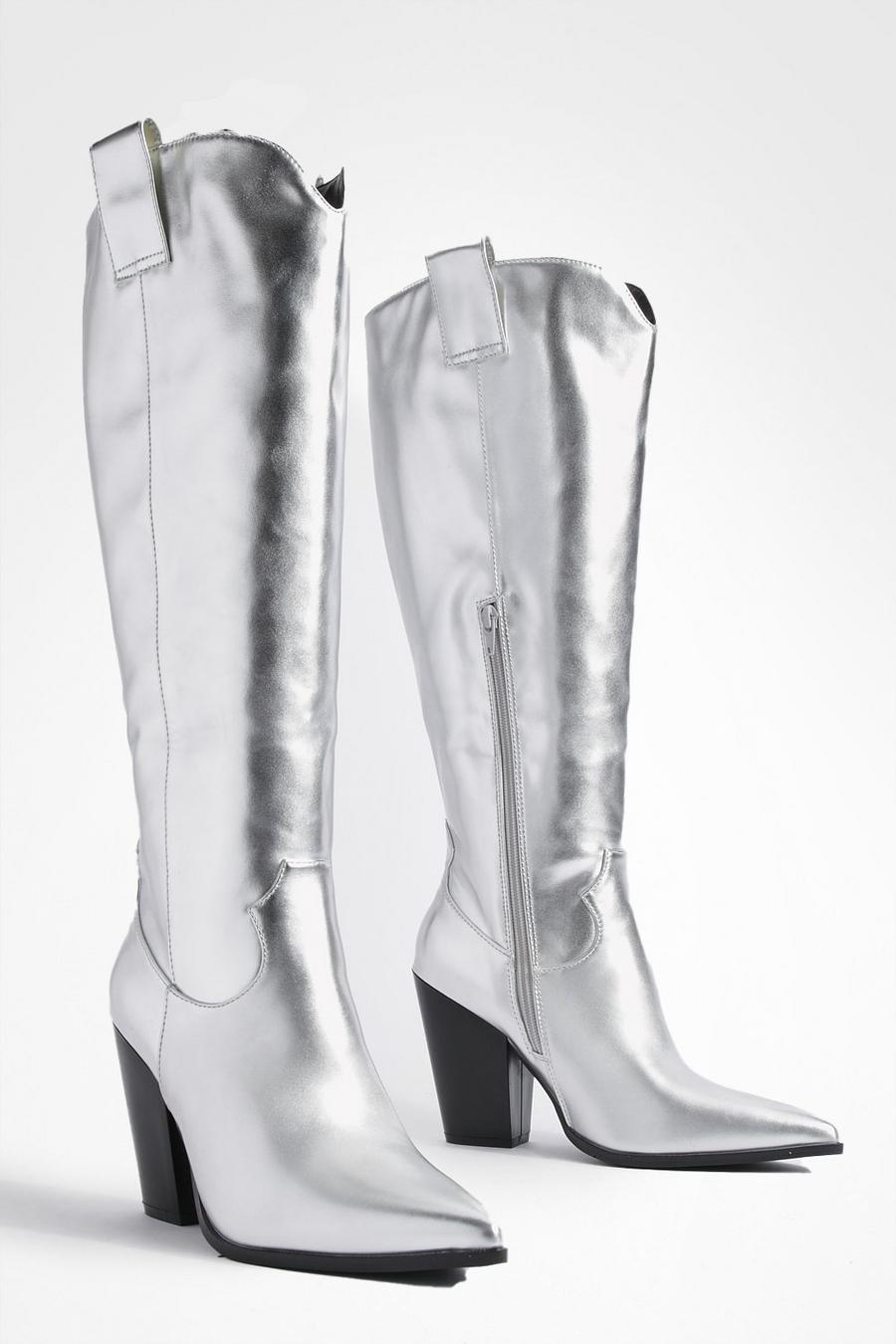 Silver Wide Fit Curved Front Pointed Toe Metallic Cowboy Boots  image number 1