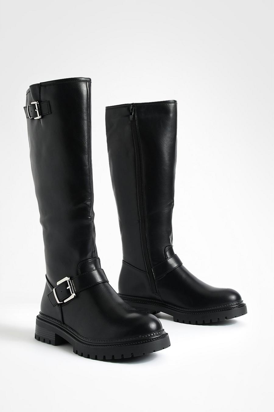 Black Double Buckle Chunky Flat Knee High Boots  image number 1
