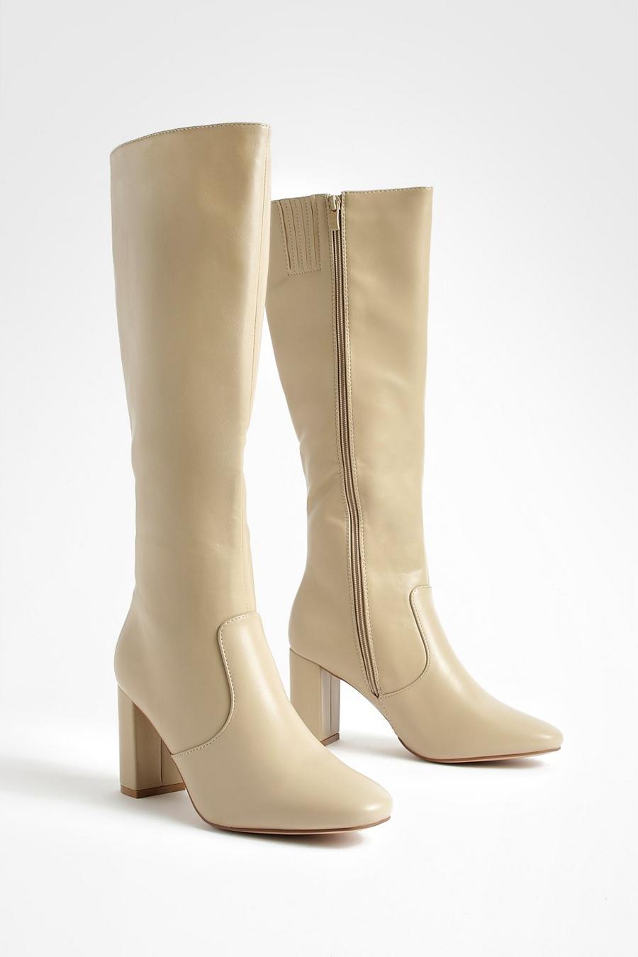Kniehohe Stiefel mit Blockabsatz, Cream blanc