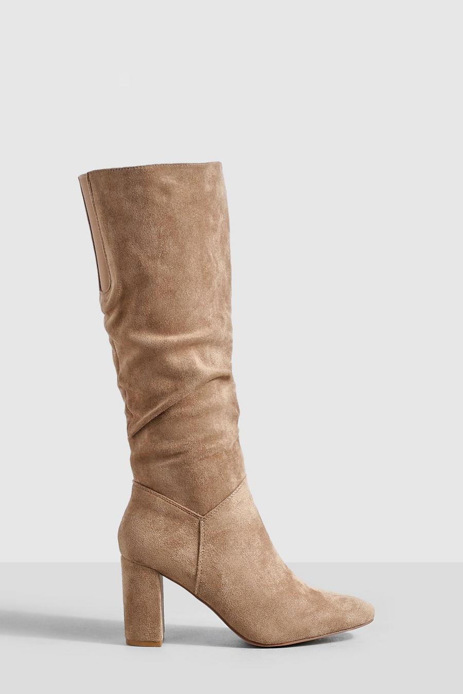 Taupe Slouchy Block Heel Knee High Boots