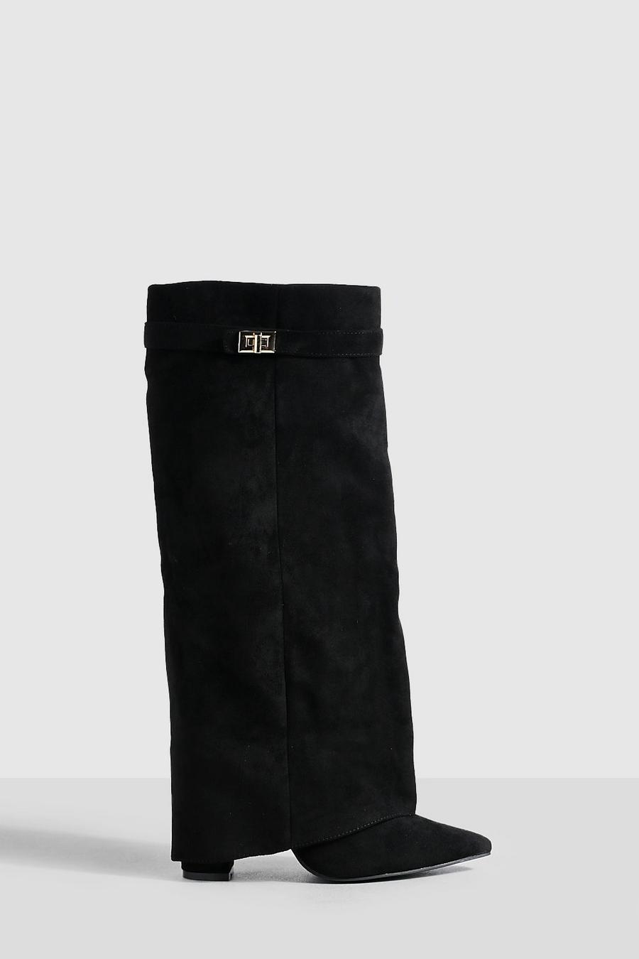 Black svart Fold Over Metal Detail Knee High Boots