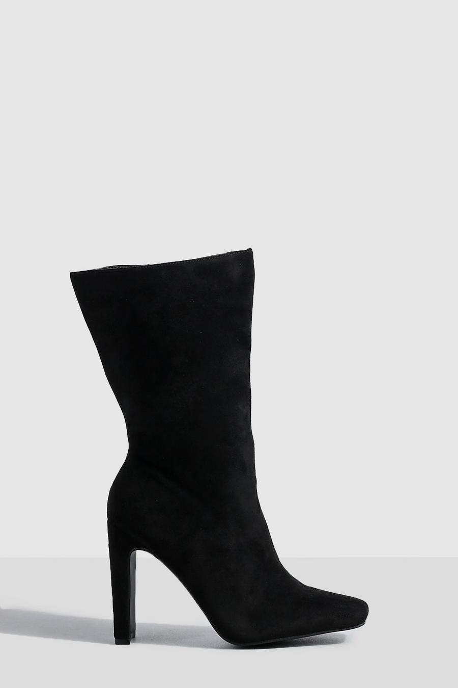 Black Wide Fit Flat Heel Faux Suede Calf High Boots   image number 1