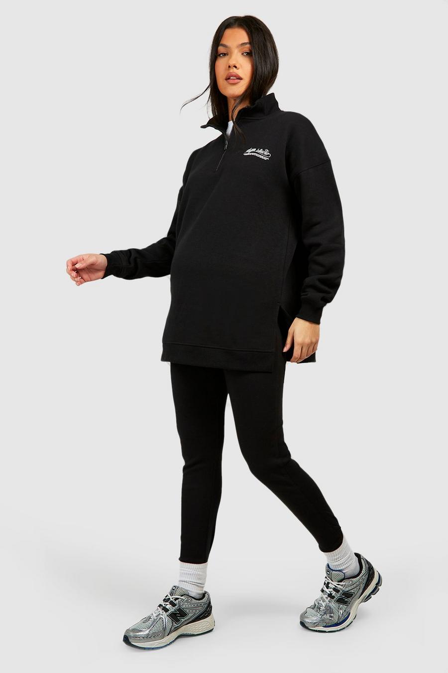 Umstandsmode Oversize Sweatshirt mit halbem Reißverschluss & gerippte Leggings, Black image number 1