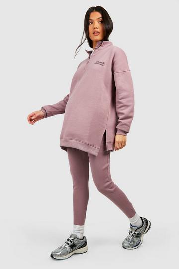 Maternity Half Zip Oversized Sweat And Rib Legging Set mauve