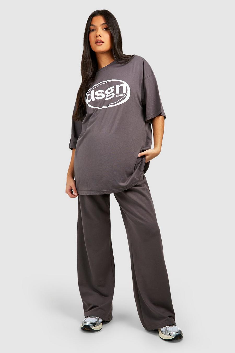 Conjunto Premamá de pantalón deportivo recto y camiseta con eslogan, Grey image number 1