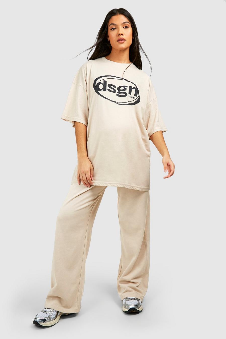 Umstandsmode T-Shirt mit Slogan & Jogginghose mit geradem Bein, Stone image number 1