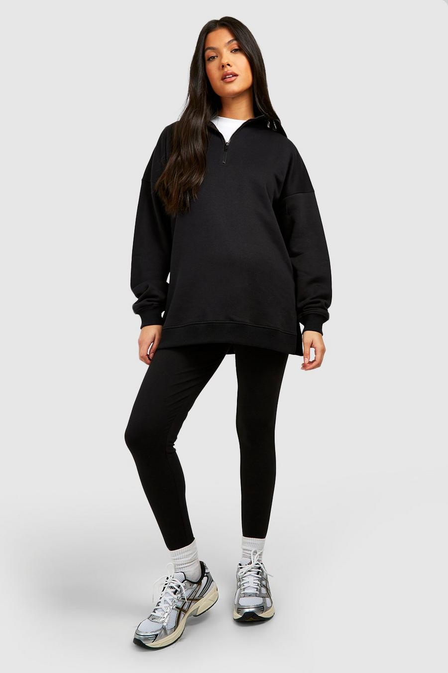 Umstandsmode Oversize Sweatshirt mit halbem Reißverschluss & Leggings, Black image number 1