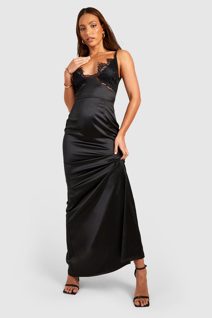 Black Tall Satin Lace Insert Maxi Dress image number 1