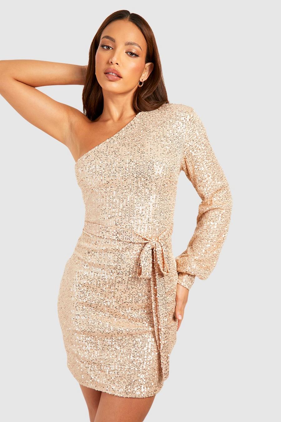 Champagne Tall Mini Sequin One Shoulder Belted Mini Dress image number 1