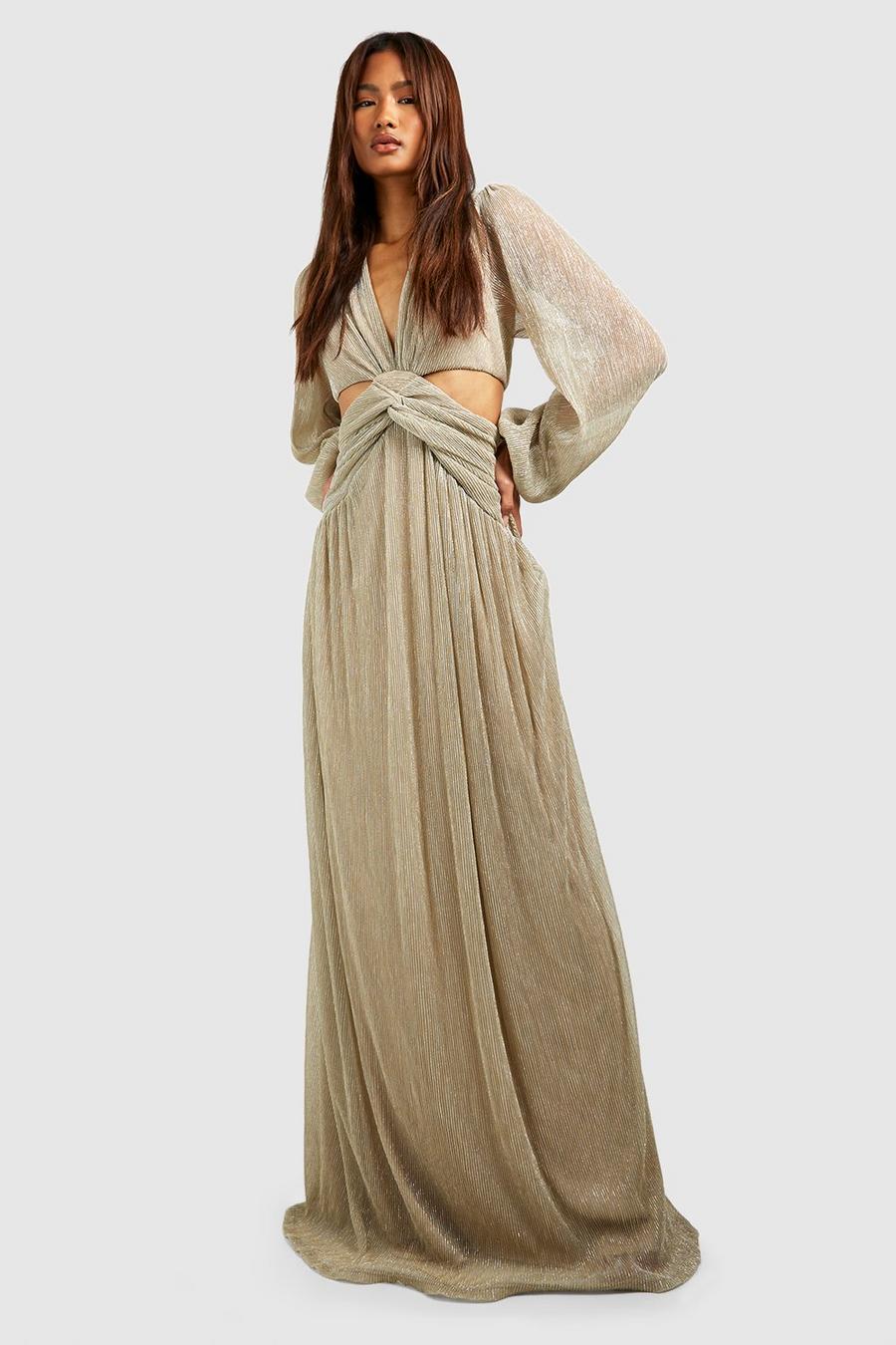 Gold Tall Metallic Plisse Cut Out Maxi Dress image number 1
