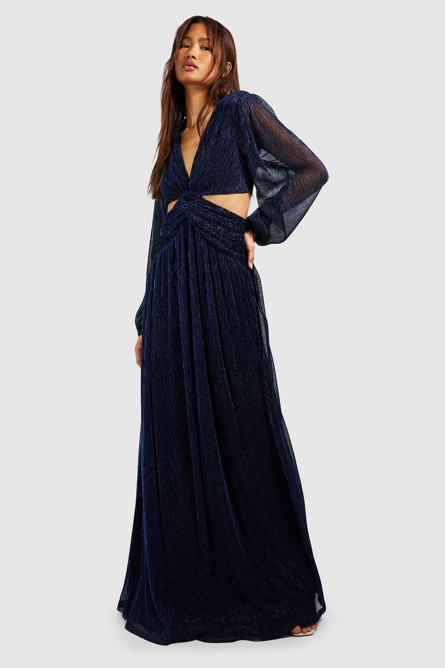 Tall Metallic Plissee-Maxikleid mit Cut-Out, Navy image number 1
