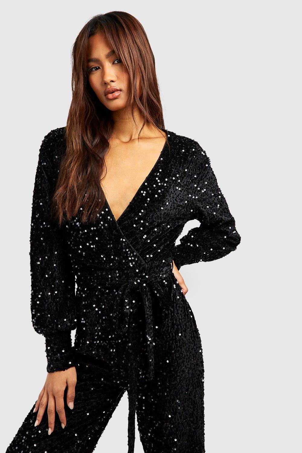 Black Sequin Wrap Long Sleeve Jumpsuit | Jenerique | SilkFred