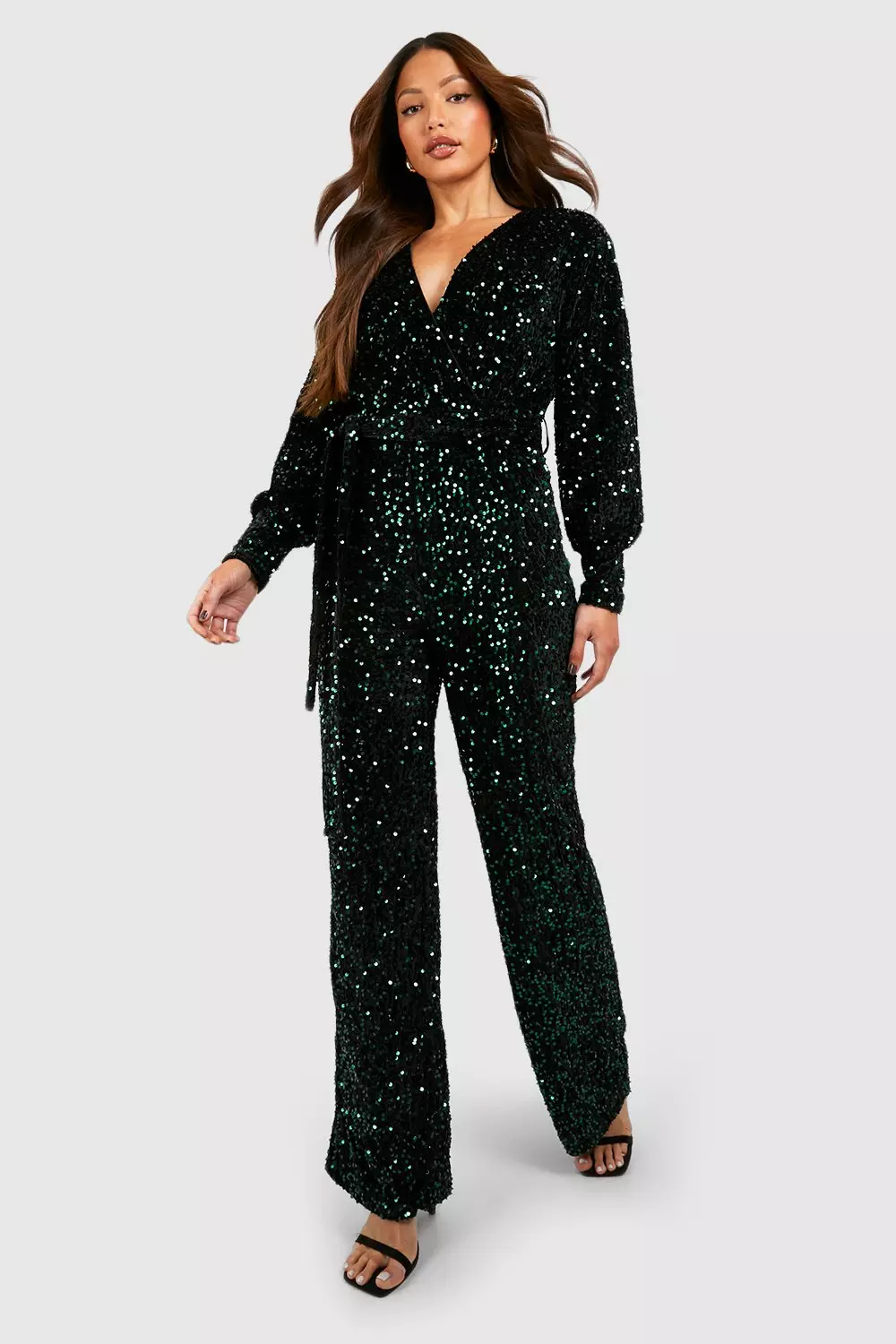 Green Tall Sequin Wrap Belted Jumpsuit alternative image
