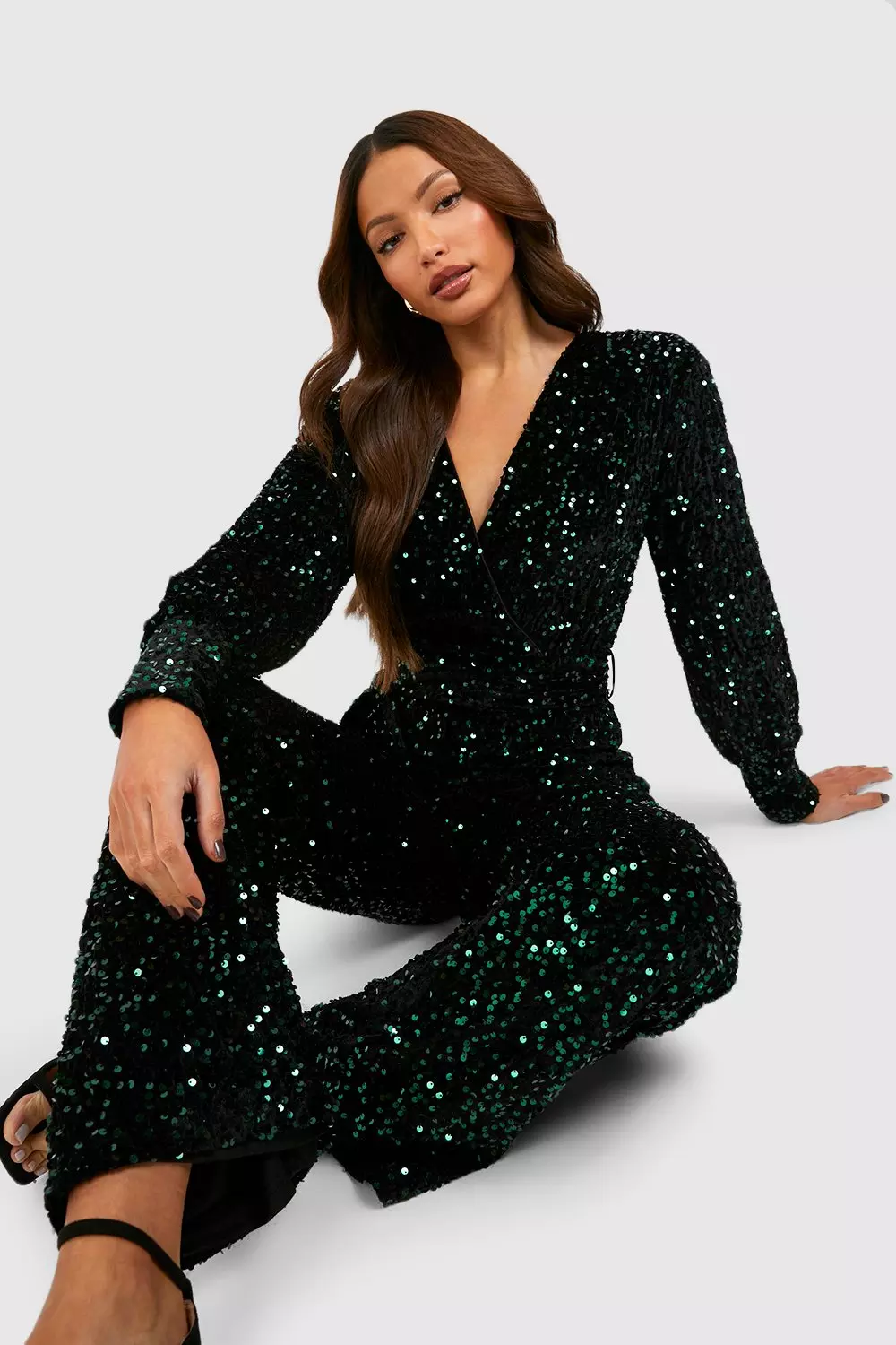 Green Tall Sequin Wrap Belted Jumpsuit alternative image