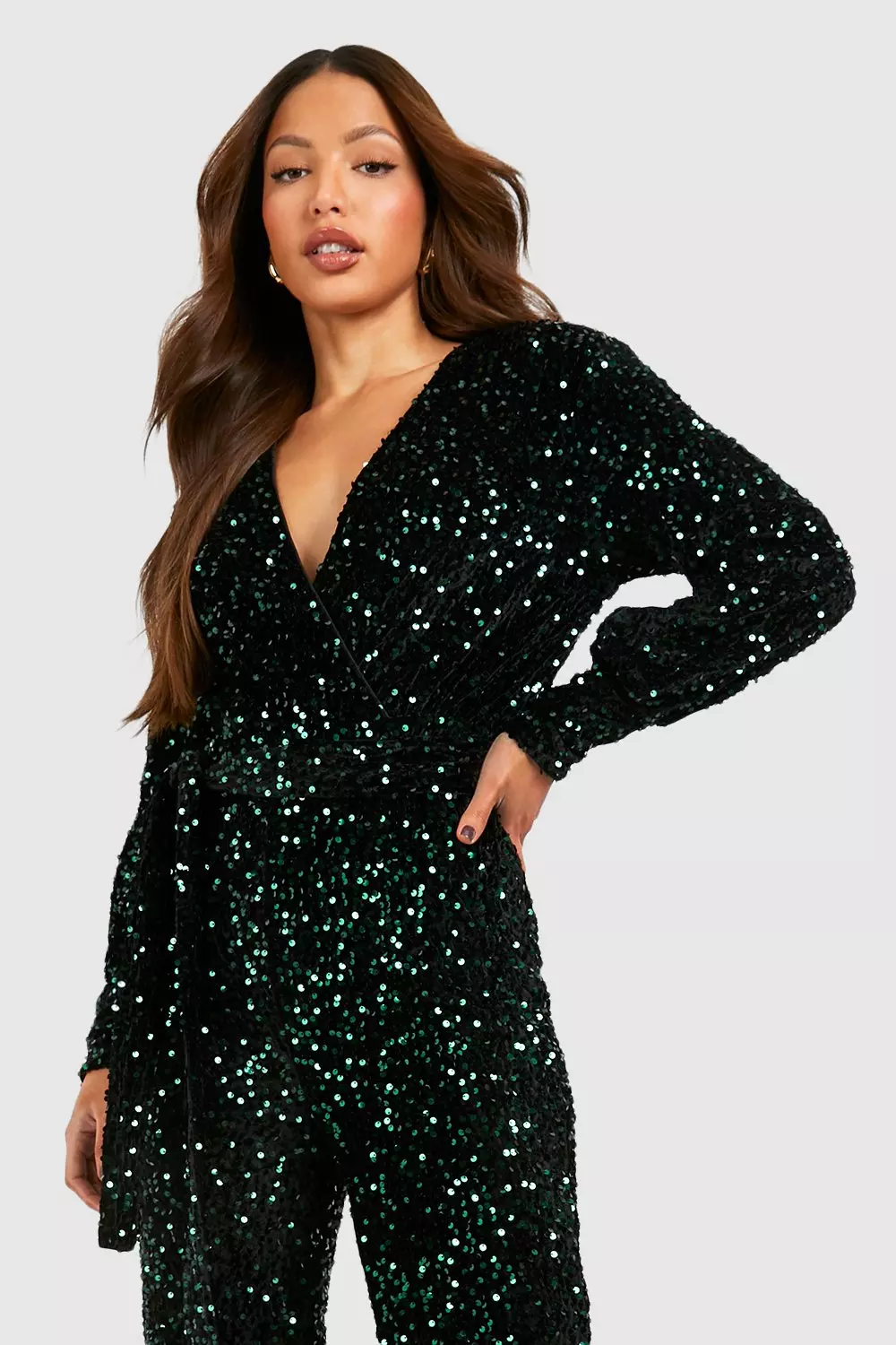 Green Tall Sequin Wrap Belted Jumpsuit alternative image