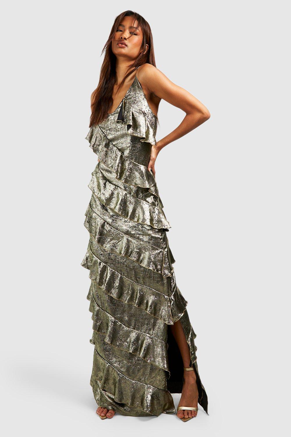 Tal Metallic Ruffle Detail Maxi Dress