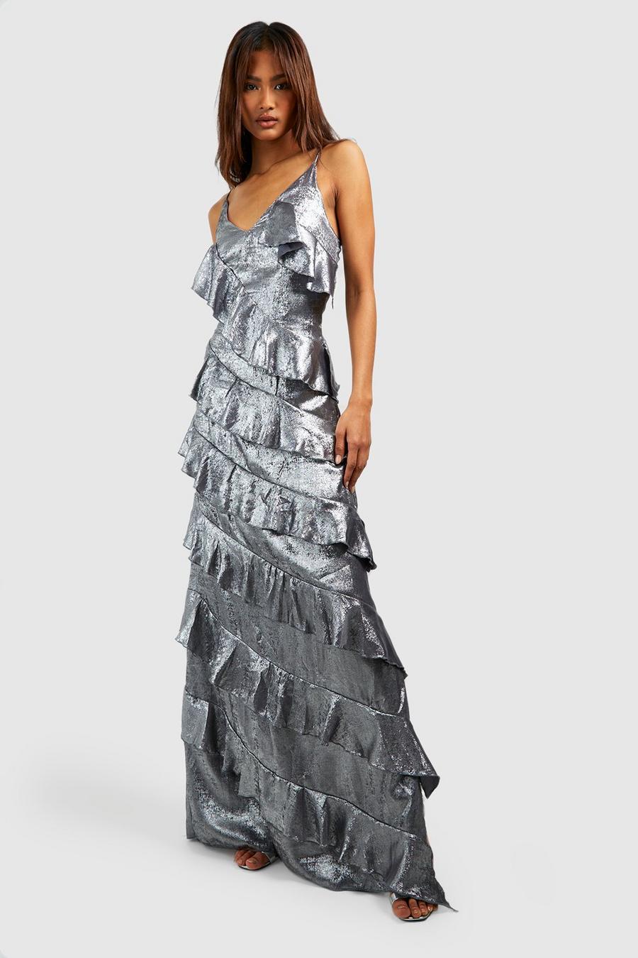 Silver Tal Metallic Ruffle Detail Maxi Dress image number 1