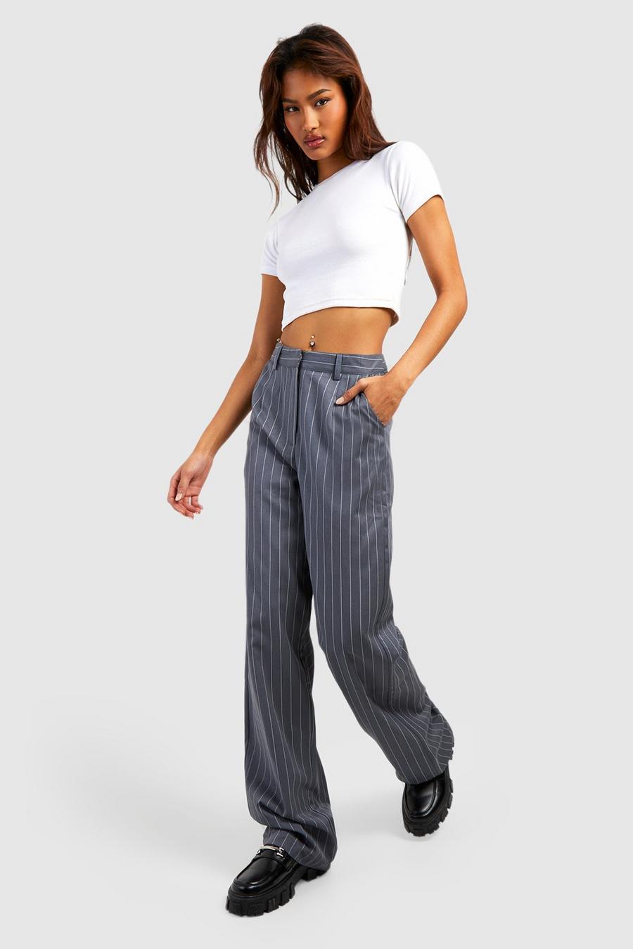 Grey Tall Pinstripe Wide Leg Low Rise Pants image number 1
