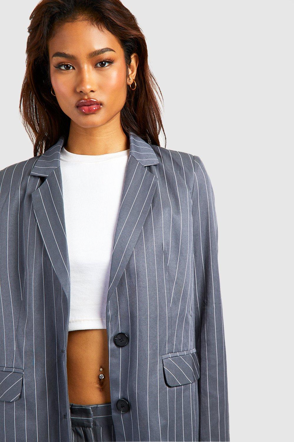 Blue pinstripe hot sale blazer womens