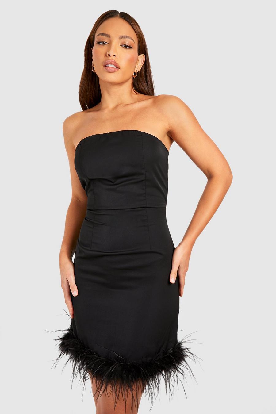 Black Tall Bandeau Fluffy Feather Trim Mni Dress image number 1