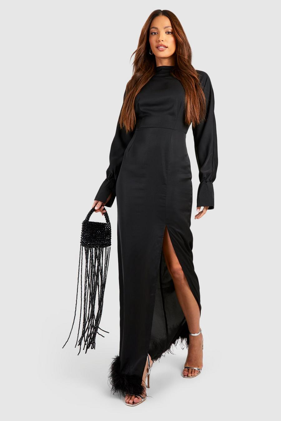 Black Tall Split Side Fluffy Feather Trim Maxi Dress image number 1