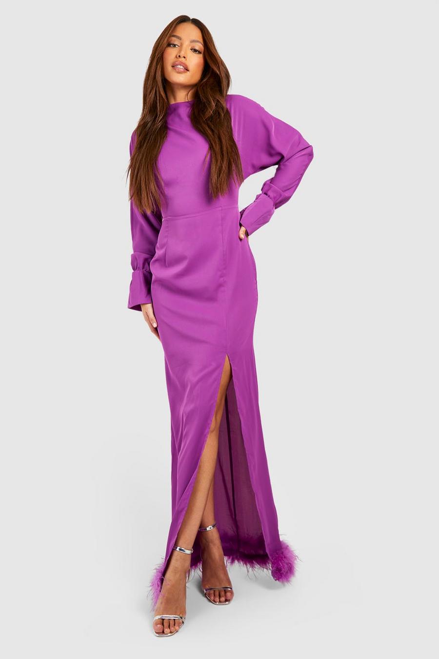 Purple Tall Split Side Fluffy Feather Trim Maxi Dress image number 1