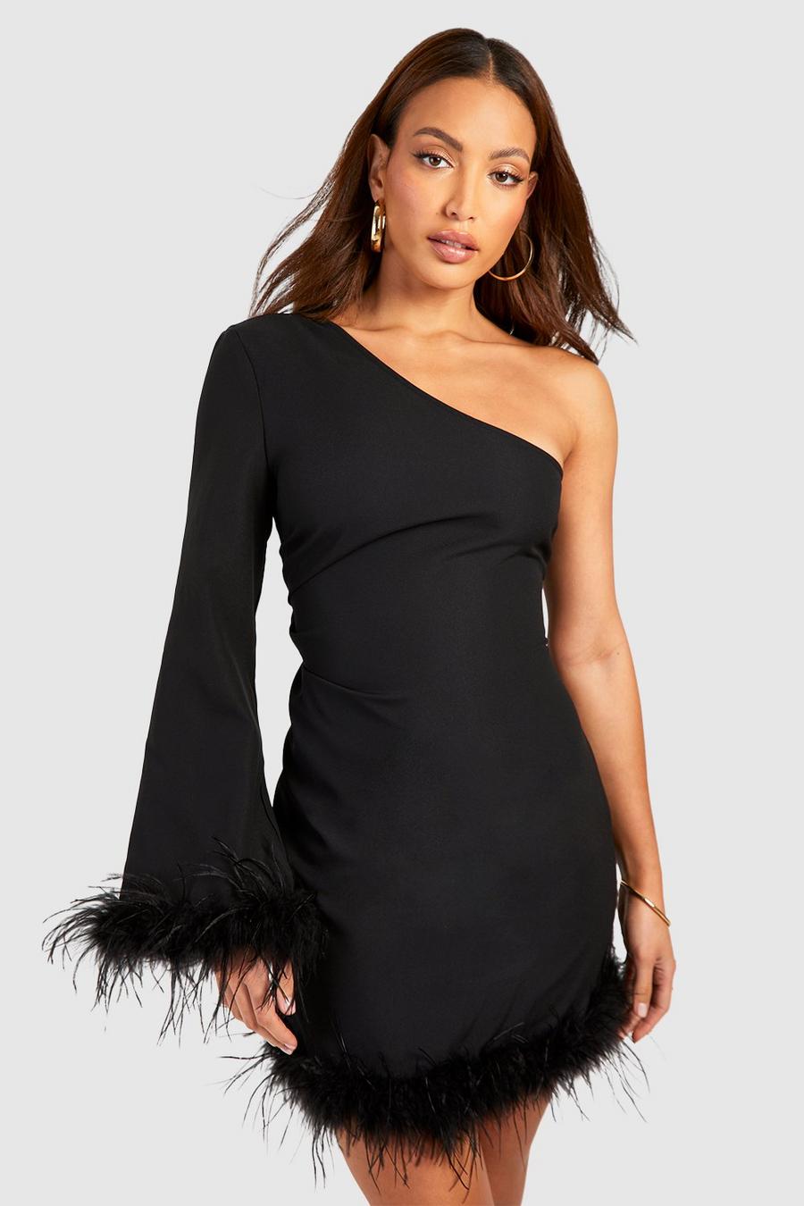 Black Tall One Shoulder Fluffy Feather Trim Mni Dress