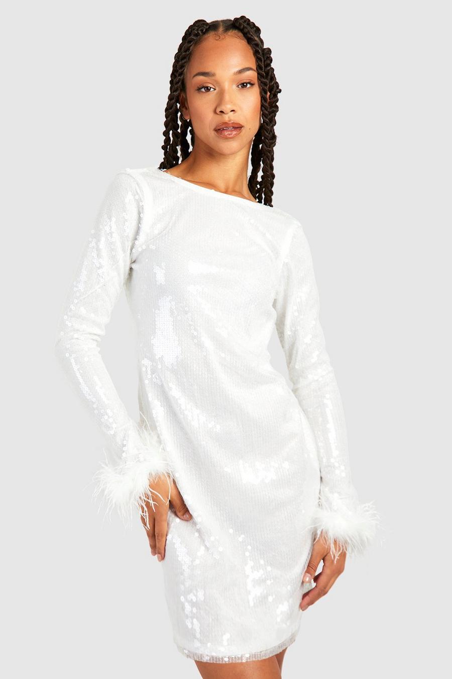 Ivory bianco Tall Sequin Fluffy Feather Trim Mini Dress
