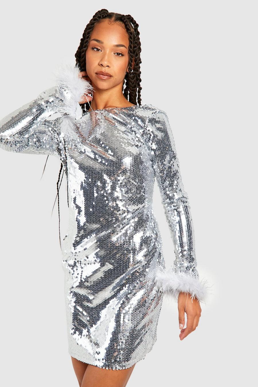 Silver Tall Sequin Fluffy Feather Trim Mini Dress