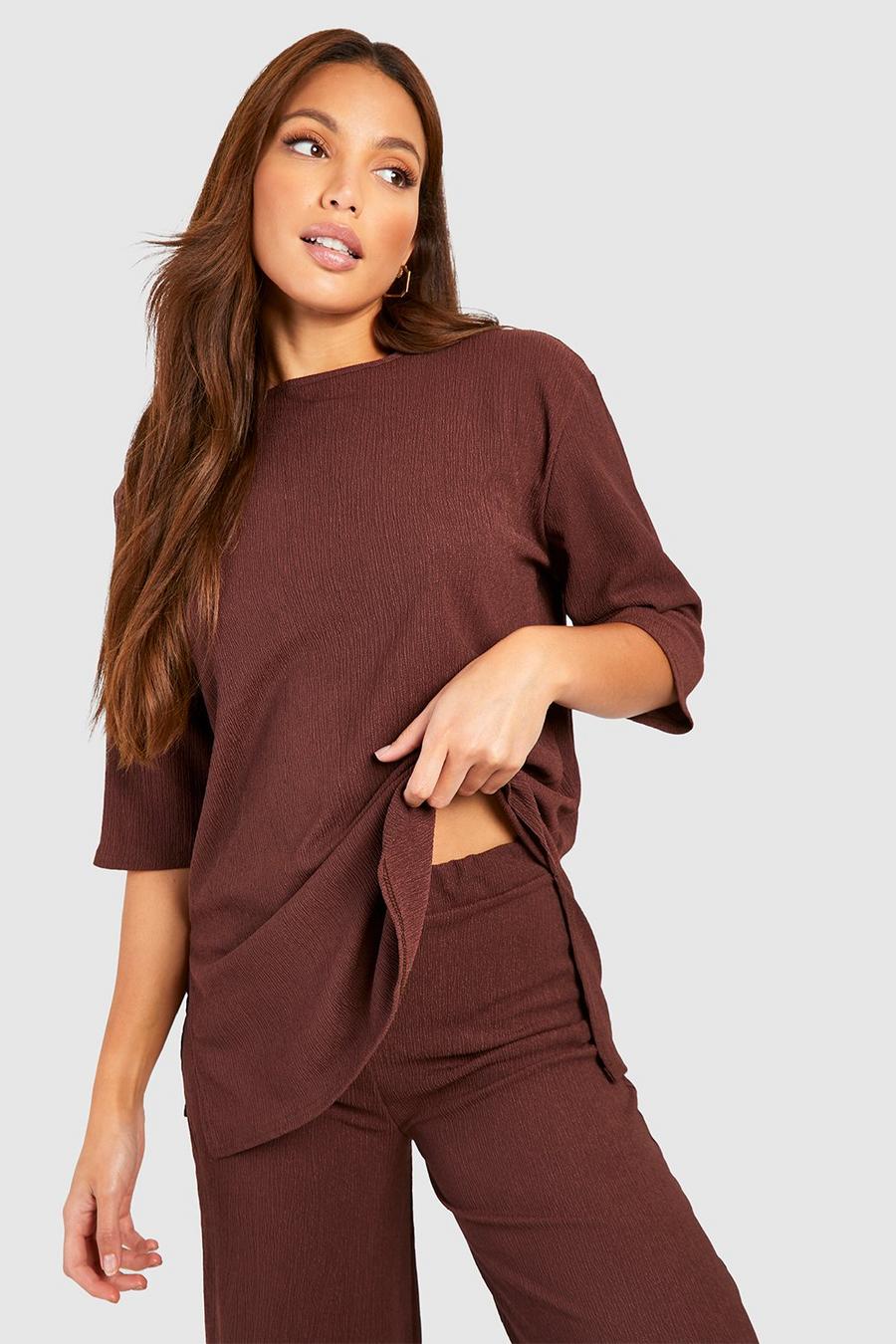Top Tall oversize con trama e spacco laterale, Chocolate image number 1